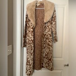 Cozy Brown and Cream Knit Cardigan with Faux Fur Collar